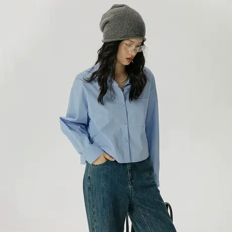 omont蛋挞家 早秋条纹衬衫女秋款2023设计感小众长袖短款上衣衬衣商品大图