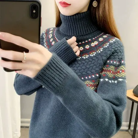 2023秋冬新款高领毛衣女套头加厚保暖宽松外穿打底毛衣女内搭上衣商品大图