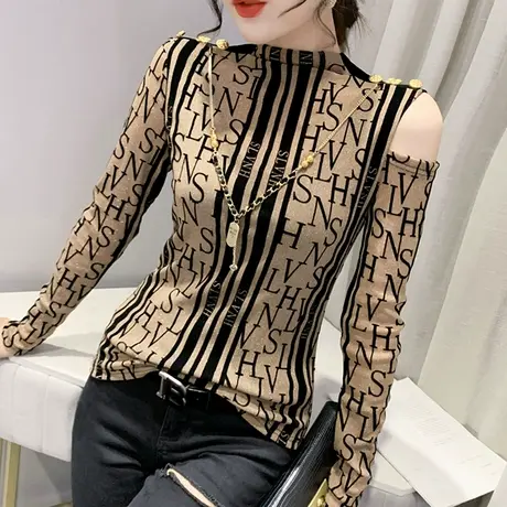 潮牌时尚网纱T恤女装性感露肩上衣洋气百搭加绒打底衫女长袖秋冬商品大图