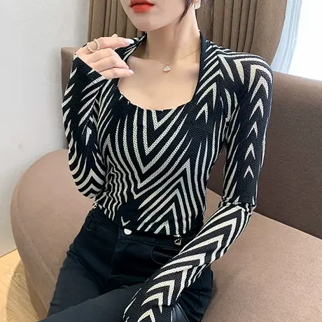 性感方领T恤打底衫女2023春装新款紧身蕾丝上衣长袖洋气条纹小衫商品大图