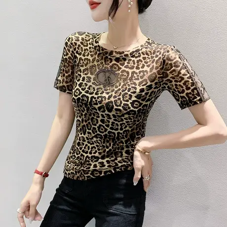 豹纹上衣女短袖2023夏季新款性感镂空网纱T恤ins重工烫钻紧身小衫商品大图
