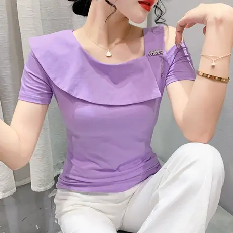 欧货时尚荷叶边T恤女短袖夏装设计感小众上衣洋气性感露肩小衫ins商品大图