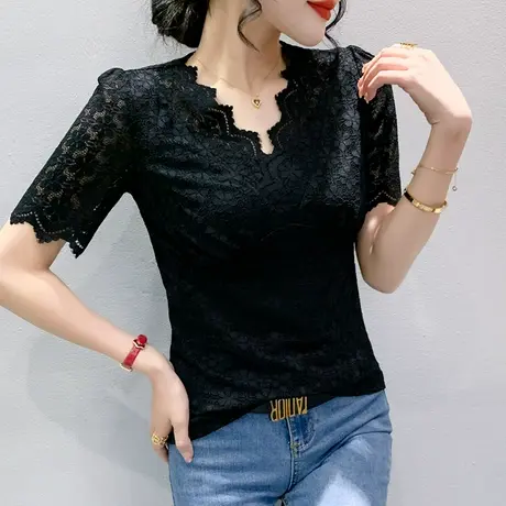 欧货黑色蕾丝上衣女短袖夏季气质性感V领小衫收腰显瘦百搭T恤半袖商品大图