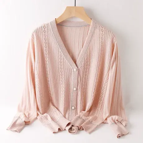 镂空针织衫长袖薄外套女纯色甜美小外搭防晒衫开衫女士商品大图