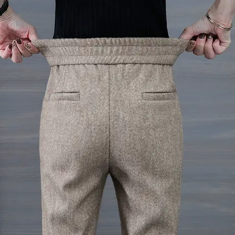 毛呢萝卜裤女秋冬款小个子哈伦裤烟管裤松紧腰加厚加绒小脚裤子图片