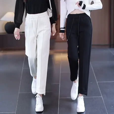 米白色裤子女春秋2023新款小个子九分直筒休闲前短后长系带烟管裤图片