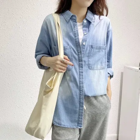 春季女装2023年新款上衣蓝色牛仔衬衫设计感小众宽松日系衬衣外套图片