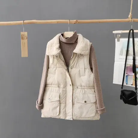 洋气的羊羔绒大翻领棉马甲女式中长款宽松时尚2023秋冬季新款外套商品大图