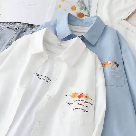 春秋装新款韩版设计感刺绣小花宽松长袖polo领纯棉白色衬衣上衣女图片