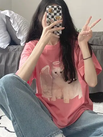 美式复古纯棉正肩短袖t恤女夏季宽松潮牌ins设计感小众半袖上衣服图片