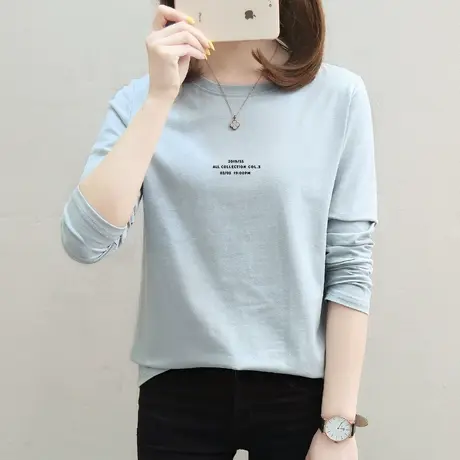 2023年春装长袖t恤女新款纯棉蓝色宽松韩版内搭打底衫外穿上衣潮图片