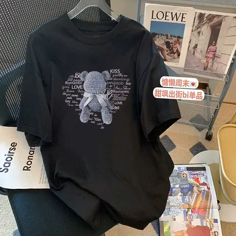 小熊纯棉中长款短袖t恤女夏装2022年宽松大码设计感小众欧货半袖商品大图