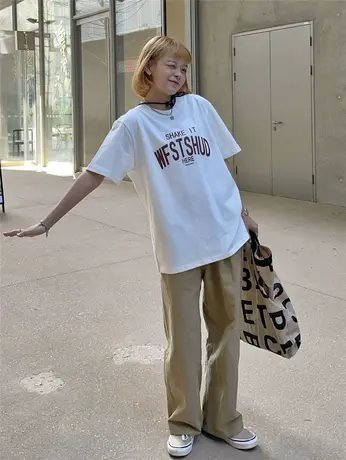 红续2023春夏新款韩版宽松盐系ulzzang纯棉短袖T恤女百搭字母上衣图片