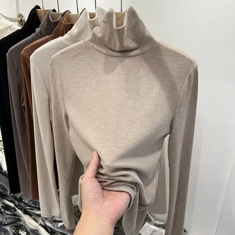 欧货高领磨毛纯色百搭长袖T恤女2022秋冬新款修身内搭打底衫上衣商品大图