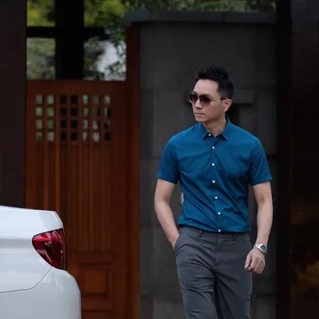 商务浅蓝宝石绿衬衫短袖修身免烫职业夏季正装衬衣男商品大图