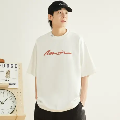 300g重磅平纹针织日系潮牌宽松白色短袖T恤男简约休闲纯棉五分袖图片