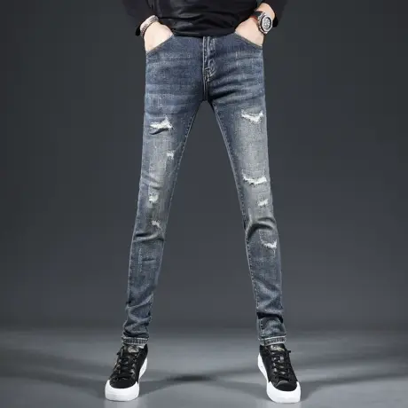 高街破洞补丁牛仔裤男蓝色2023新款秋季时尚潮流男士弹力潮牌裤子商品大图