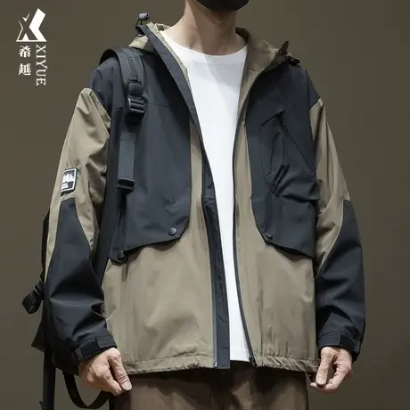 希越日系户外防风水洗冲锋衣男秋季宽松大码口袋撞色拼接工装外套商品大图