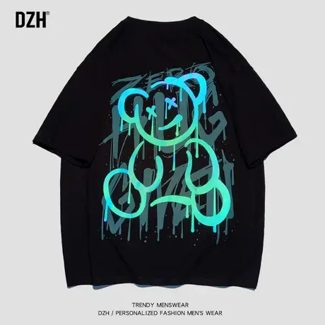 男生夜光小熊t恤男短袖ins潮流百搭宽松印花上衣2023新款纯棉体恤商品大图