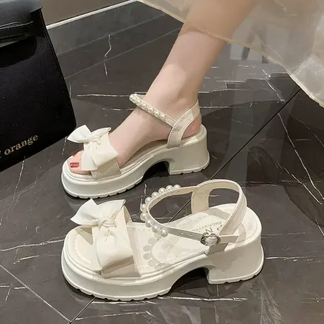 仙女风凉鞋配裙子高跟鞋女2023年夏新款厚底松糕蝴蝶结法式罗马鞋商品大图