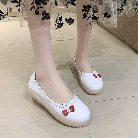 蝴蝶结单鞋女2023春夏新款百搭可爱果冻软底一脚蹬白色平底护士鞋商品大图