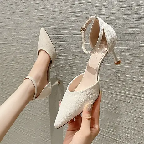 一字扣带尖头高跟鞋女细跟2023年春季新款气质百搭女神范中空单鞋图片