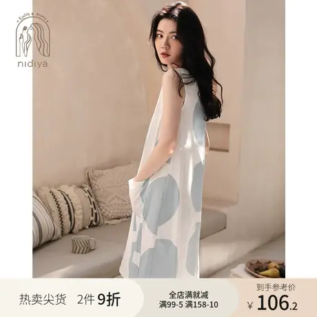 妮狄娅新品睡衣睡裙女夏季纯棉无袖背心裙v领甜美薄款宽松家居服图片