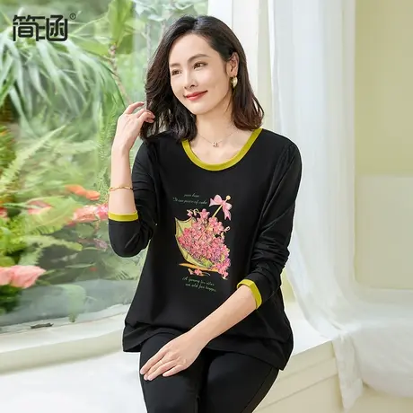 简涵大码女装2024春季新款显瘦遮肚圆领刺绣胖mm正肩长袖T恤上衣商品大图