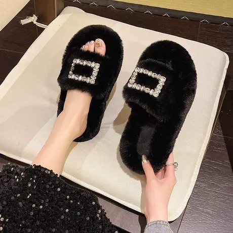 毛毛拖鞋女款网红外穿时尚水钻室内家居厚底秋冬季保暖居家棉拖鞋商品大图