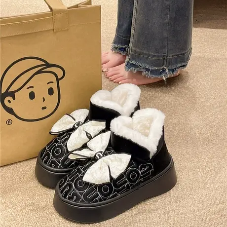 蝴蝶结防水棉鞋女冬季室内可外穿加绒加厚保暖厚底增高高帮雪地靴商品大图