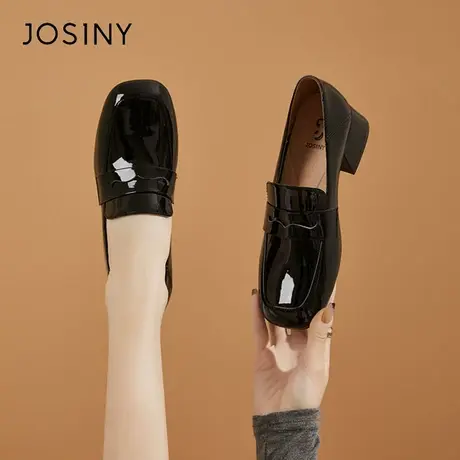 Josiny/卓诗尼乐福鞋女2024春季粗跟黑色小皮鞋百搭浅口气质单鞋商品大图