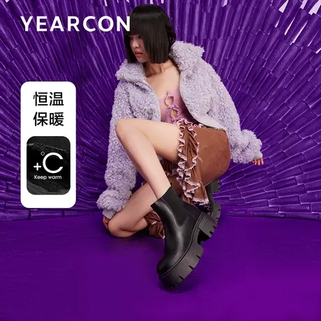 意尔康切尔西靴女2023冬季加绒靴子厚底增高英伦风黑色烟筒靴短靴图片