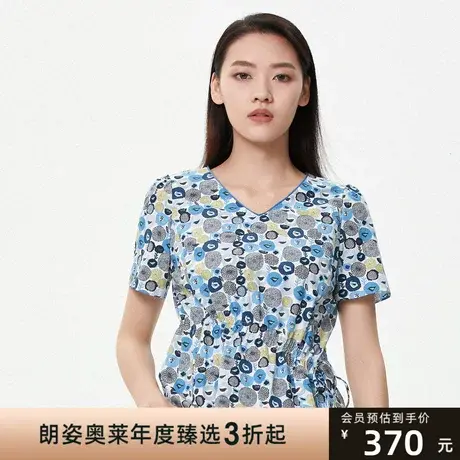 朗姿夏季薄款法式V领印花纯棉女式衬衫T恤夏季新款衬衫图片