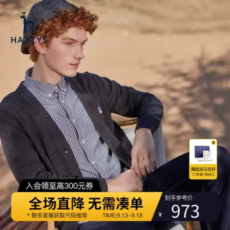 Hazzys哈吉斯秋季新款男士保暖纯色针织衫开衫男长袖羊毛外套男装图片