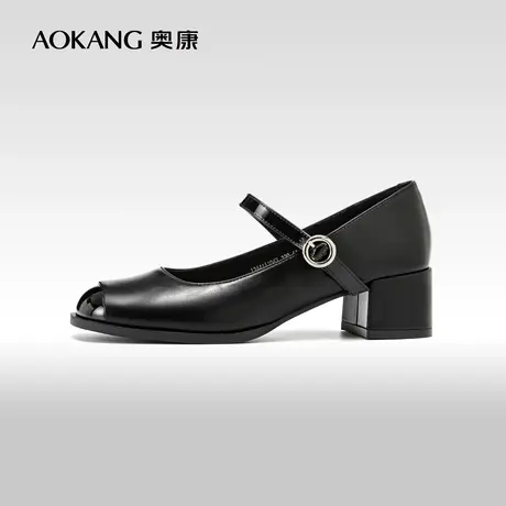 奥康女鞋 2024春季新款简约气质百搭圆头粗跟单鞋一字带通勤皮鞋商品大图
