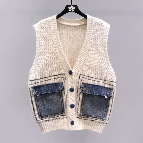 牛仔拼接针织马甲外套女秋冬2023新款时尚洋气宽松坎肩毛衣背心图片