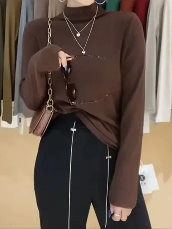 秋冬新款堆堆领打底衫女士内搭外穿长袖t恤百搭显瘦纯色上衣ins潮商品大图