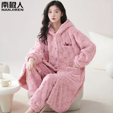 睡衣冬季女款珊瑚绒加绒加厚冬天法兰绒孕妇浴袍烟粉睡袍女秋冬款图片