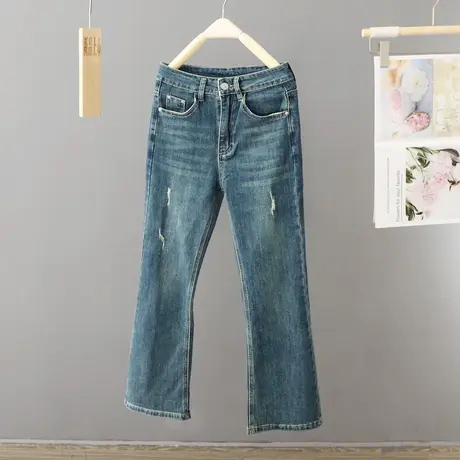 蓝色显瘦微喇叭牛仔裤女2023年春秋新款高腰复古经典九分裤女裤图片