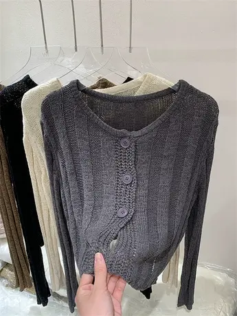 欧货2023秋季新款韩版圆领单排扣镂空修身显瘦长袖针织衫女打底衫商品大图