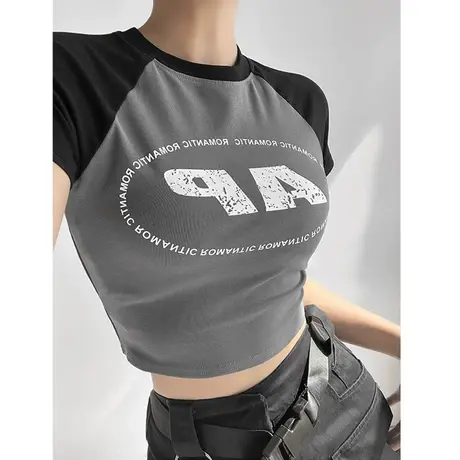 美式复古印花正肩短袖t恤女ins潮夏季设计感露脐甜酷辣妹短款上衣商品大图