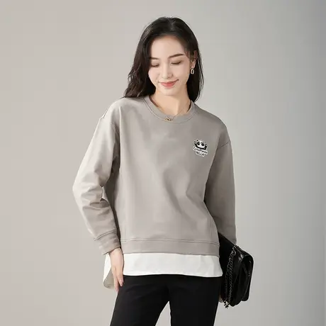娅丽达灰色无帽卫衣女假两件内搭2024春季新款设计感圆领宽松上衣图片