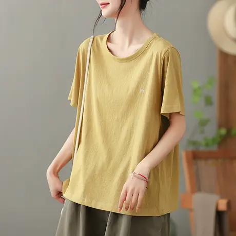 dza复古纯色圆领T恤女2023夏季薄款短袖打底体恤宽松显瘦套头上衣商品大图