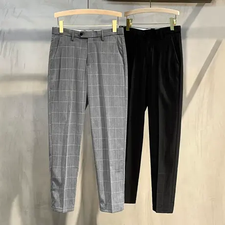 2023年夏季薄款格子休闲裤男宽松直筒新款冰丝帅气九分西裤子潮流图片