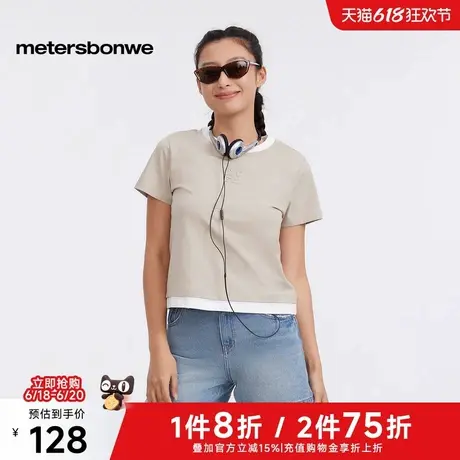 美特斯邦威T恤女2025夏季新款假两件短袖恤美式复古格纹拼接短袖图片