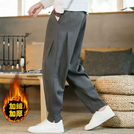 加绒加厚冬季新款男休闲裤中国风小脚宽松保暖萝卜裤子加大码长裤商品大图