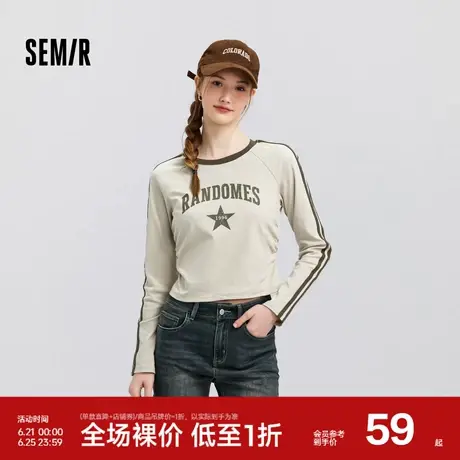 森马长袖T恤女短款图案插肩袖紧身春季美式印花撞色上衣复古街头图片