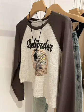 复古美式印花～撞色插肩袖短款休闲圆领长袖t恤上衣女2023秋装款商品大图