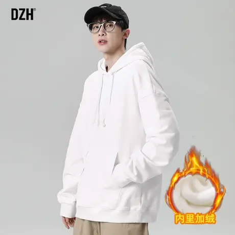 男士白色加绒卫衣男连帽冬款宽松男装2023年新款加厚长袖上衣百搭图片