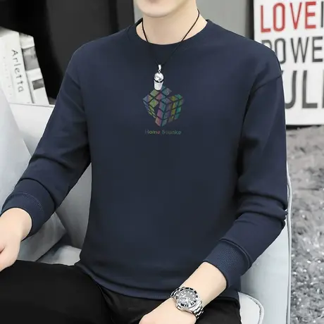 重磅纯棉卫衣男2023新款摇粒绒秋冬加绒加厚保暖圆领无帽长袖t恤商品大图